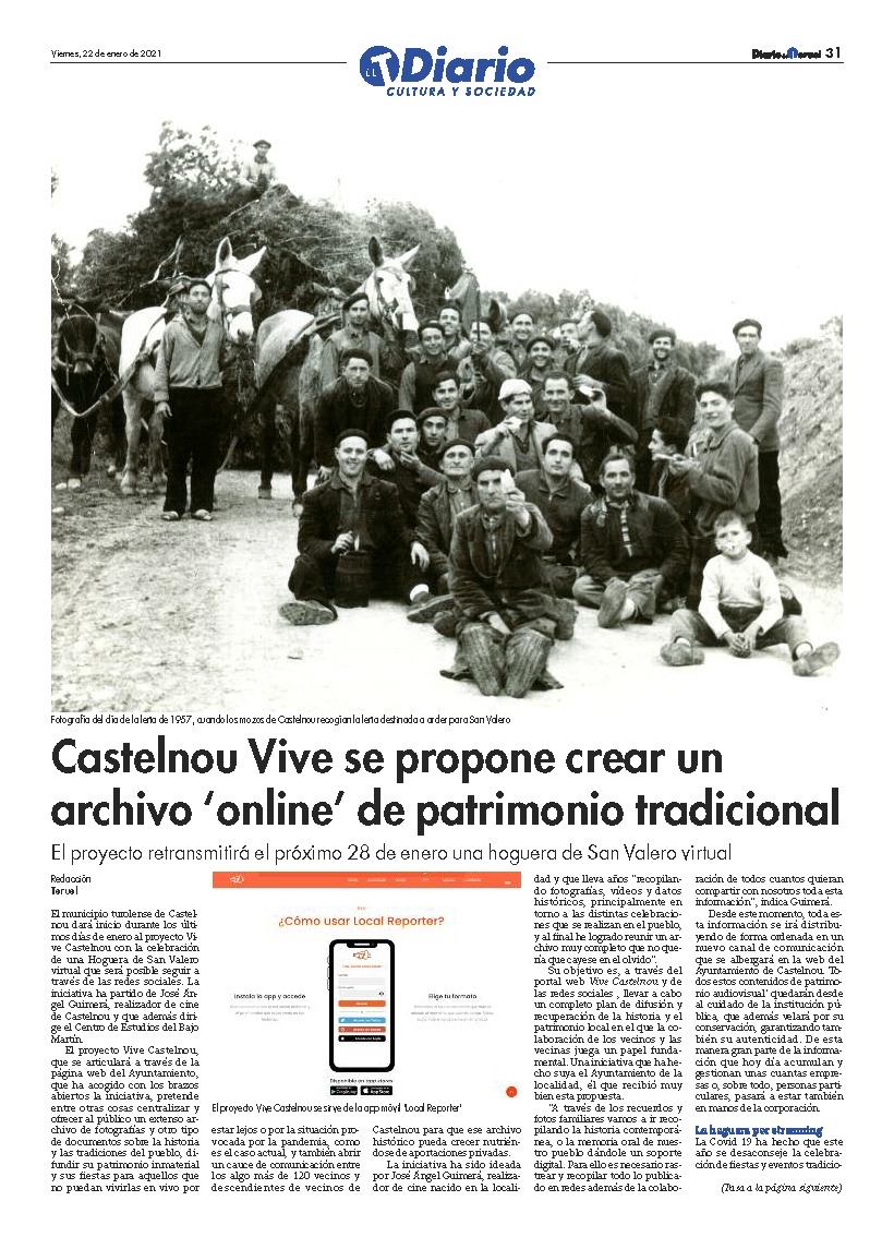 Artículo del Diario de Teruel 22/01/2021: CASTELNOU Vive se propone crear un archivo “online” de patrimonio tradicional (pág. 1)